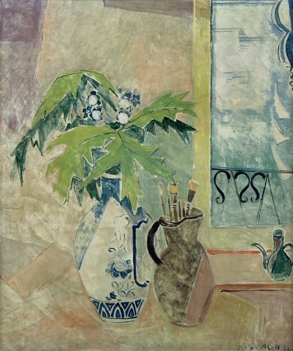 Oskar Moll, Vase mit Zweigen und Krug mit Pinseln (Stillleben, Blumenstrauss, Vase, Pinsel, Blume, Zweig, Blatt, Fenster, Krug, expressionistisch, klassische Moderne, Wunschgröße, Esszimmer, Treppenhaus, Wohnzimmer,)