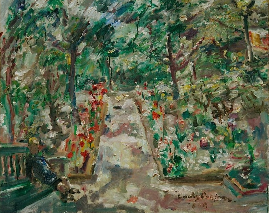 Lovis Corinth, Garten in Berlin-Westend (Botanik,Deutsche Kunst,Garten Und Park,Kunst,Landschaft,Mann,Mensch,Bank (Sitzgelegenheit),Freizeit,Impressionismus,Hausgarten,Ziergarten,Menschen Im Garten,Erholung,Sitzen,Signatur,Garten)