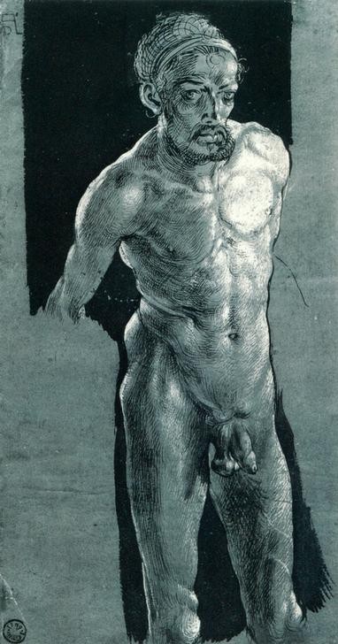 Albrecht Dürer, Aktstudie (Selbstbildnis) (Deutsche Kunst,Erotik,Grafiker,Künstler,Kunst,Maler (Künstler),Mann,Selbstbildnis,Renaissance,Akt,Portrait,Kniestück,Person)