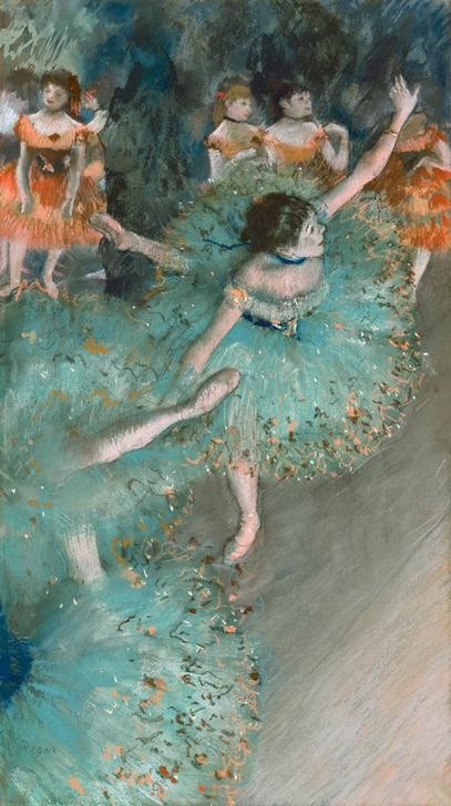 Edgar Degas, Tänzerinnen in Grün (Ballett,Frau,Jugend (Lebensalter),Kunst,Mädchen,Tänzer,Tänzerin,Tanz,Theater,Impressionismus,Französische Kunst,Corps De Ballet,Grün,Junge Frau,Tutu (Ballett),Bewegung,Farbe)