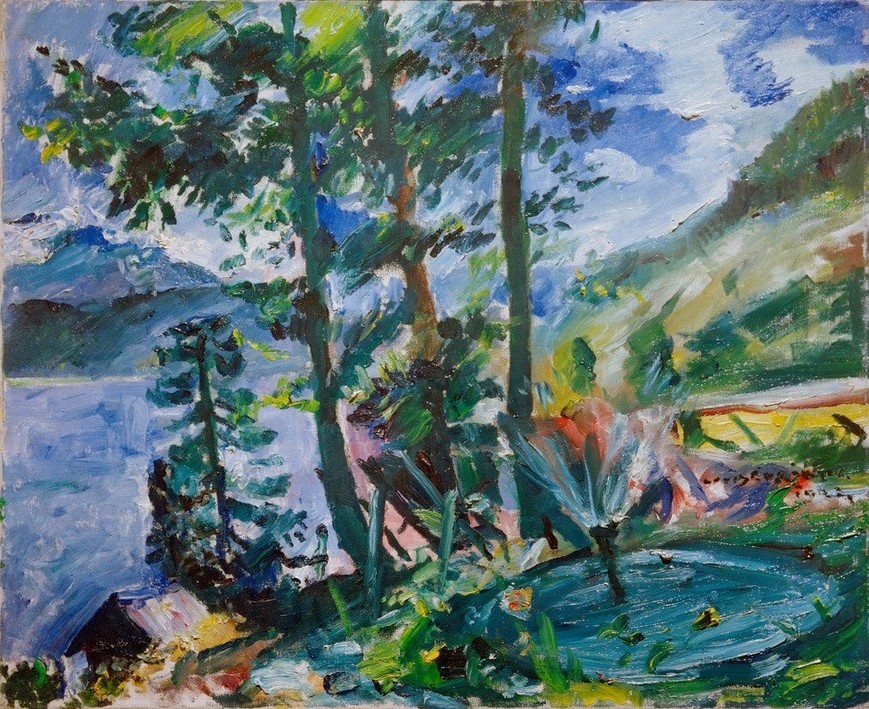 Lovis Corinth, Walchensee mit Springbrunnen (Deutsche Kunst,Kunst,Landschaft,Impressionismus,See,Springbrunnen,Signatur)