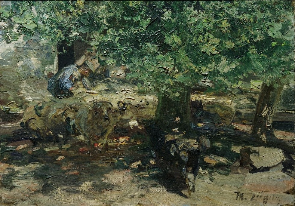 Heinrich von Zügel, Vor dem Stall (Schafherde drängt in den Stall) (Deutsche Kunst,Kunst,Mann,Mensch,Schafzucht,Zoologie,Impressionismus,Hirte,Baum,Stall,Schaf,Tierleben,Tierhaltung,Landleben,Tier,Schafherde,Herde,Vieh,Dachauer Malerschule,Landwirtschaft,Viehzucht,Schäfer,Signatur)