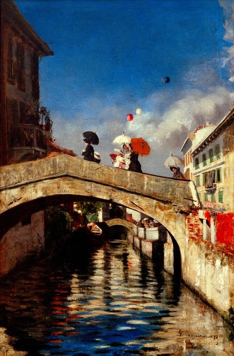 Giovanni Segantini, Il Naviglio a Ponte San Marco (Venedig, Kanal, rio, Bogenbrücke, Aritektur,  Spaziergänger, Sonnenschirm, Luftballon, Städt, Realismus, Malerei, klassische Moderne, Wunschgröße, Wohnzimmer)