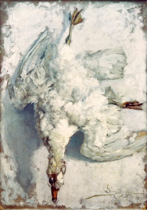 Giovanni Segantini, Weiße Gans (Gans, Vogel, rupfen, Federn, Tod, Stillleben, Geflügel, Realismus, Malerei, klassische Moderne, Wunschgröße, Wohnzimmer)