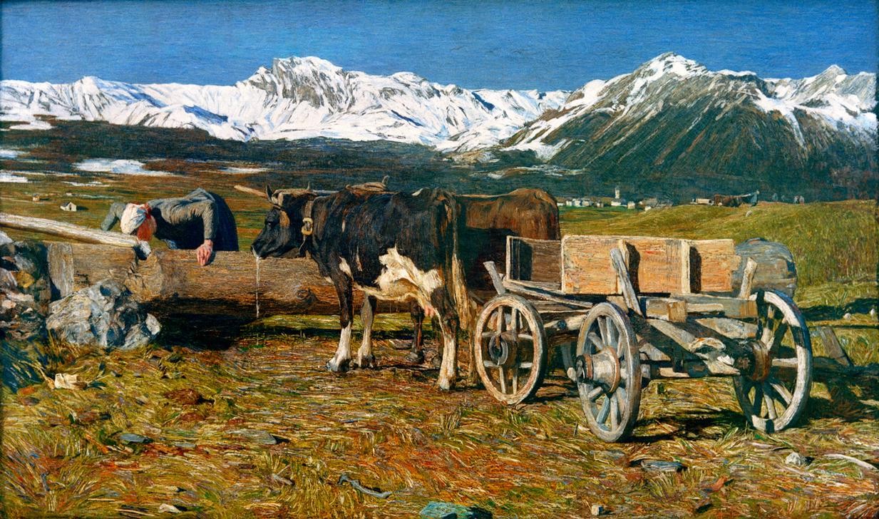 Giovanni Segantini, Vacche aggiogate (Landschaft, Berge, Viehtränke, Ochsenkarren, Kühe, Bäuerin, Landwirtschaft, Realismus, Malerei, klassische Moderne, Wunschgröße, Wohnzimmer)