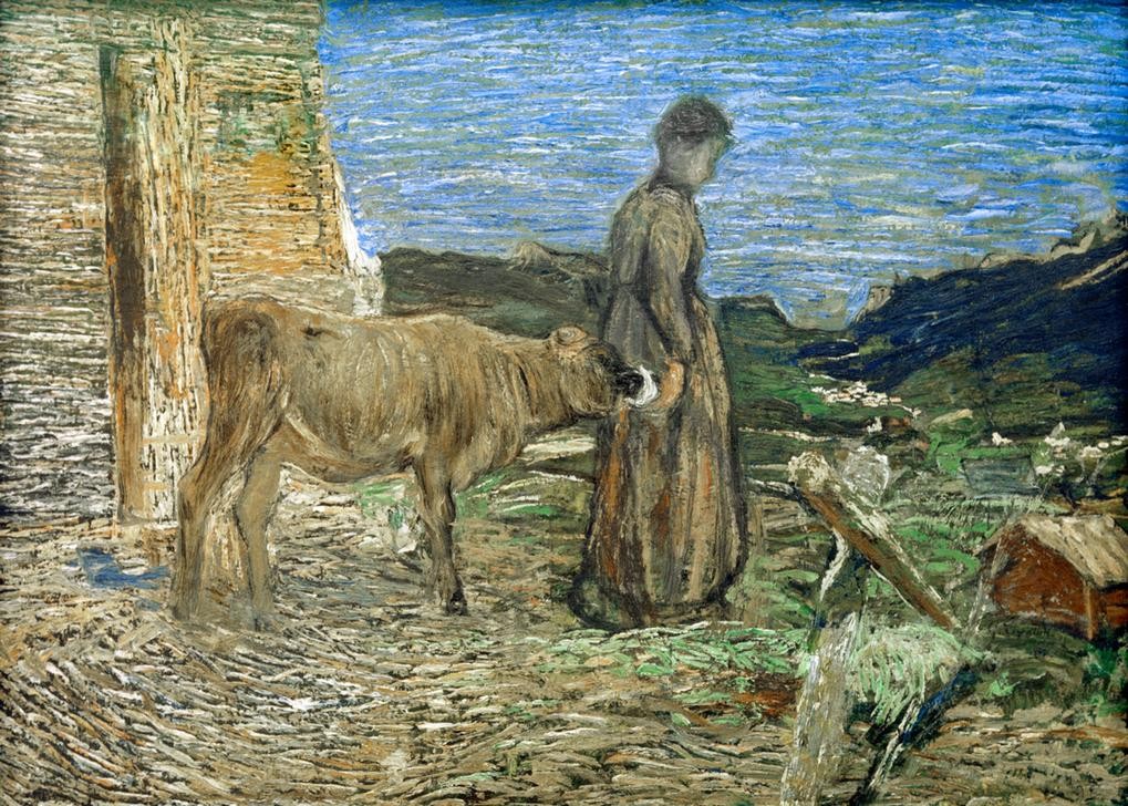Giovanni Segantini, Contadina con vitello (Landschaft, Bauernhof, Bäuerin, Kalb, Viehzucht, Fütterung, Landwirtschaft, Divisionismus, Malerei, klassische Moderne, Wunschgröße, Wohnzimmer)