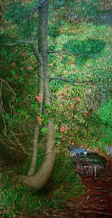 Giovanni Segantini, Pianta di cembro (Wald, Nadelwald, Baum, Kiefer,   Bach, Plätschern, Natur, Divisionismus, Malerei, klassische Moderne, Wunschgröße, Wohnzimmer)