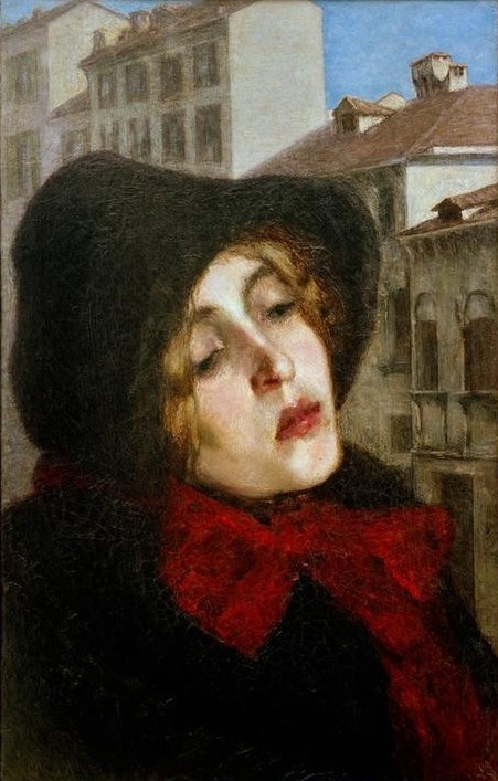Giovanni Segantini, Ritratto di donna in via San Marco (Menschen, Portrait, Frau, Winter, Hut, Schal, Venedig, Melancholie, Symbolismus, Malerei, klassische Moderne, Wunschgröße, Wohnzimmer)