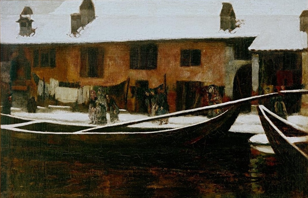 Giovanni Segantini, Naviglio sotto la neve (Winter, Jahreszeit,  Kahn, Kanal, Schnee, Gebäude, Menschen, Wäscheleinen,  Realismus, Malerei, klassische Moderne, Wunschgröße, Wohnzimmer)