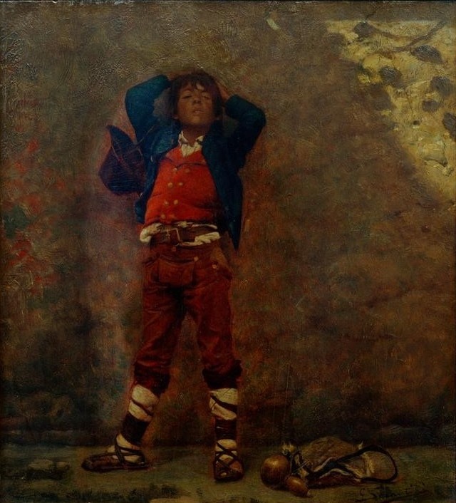 Giovanni Segantini, Ragazzo della Brianza (Dorfkind, Kind, Junge, Pause, Wanderschaft, Sandalen, Genre, Realismus, Malerei, klassische Moderne, Wunschgröße, Wohnzimmer)