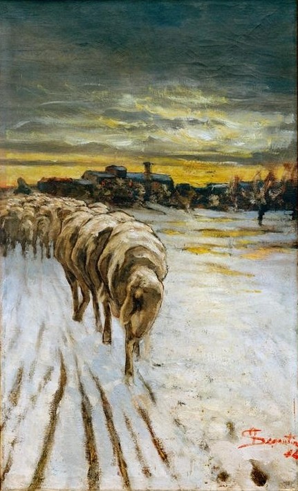 Giovanni Segantini, Paesaggio con pecore (Schafzucht,  Schafe, Herde, Winter, Schnee, Viehtrieb, Abendrot, Dorf, Landschaft,   Realismus, Malerei, klassische Moderne, Wunschgröße, Wohnzimmer)