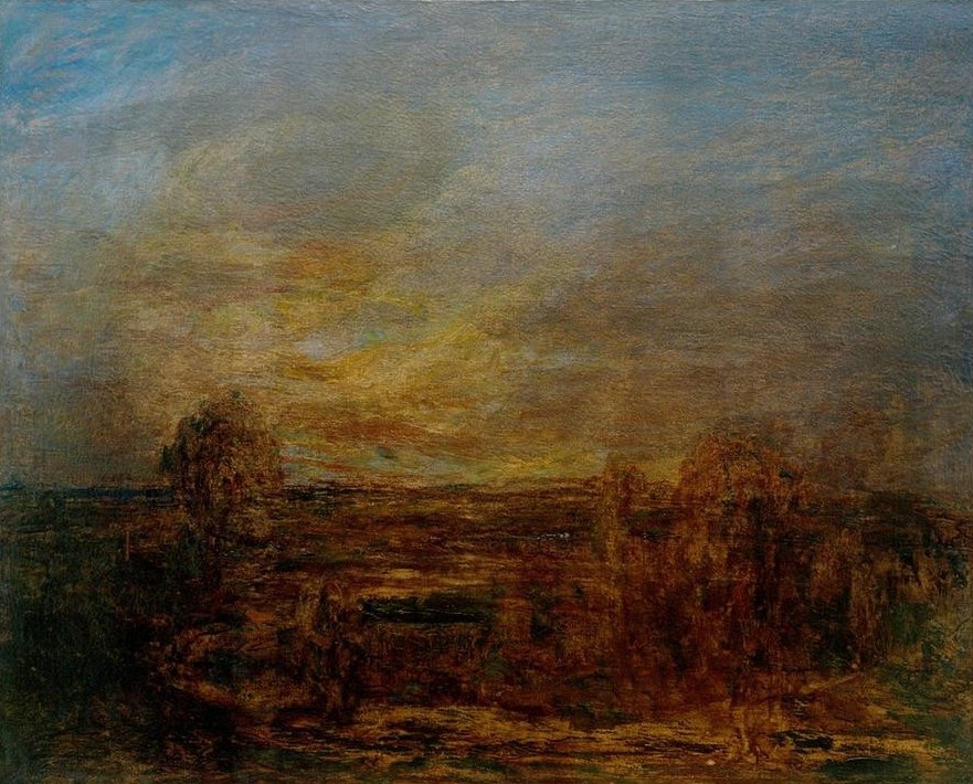 Giovanni Segantini, Pianura sull’imbrunire (Landschaft, Tageszeiten, Abend, Dämmerung, Sonnenuntergang, Ebene, diffus, dunstig, Postimprpessionismus,   Malerei,  klassische Moderne, Wunschgröße, Wohnzimmer)