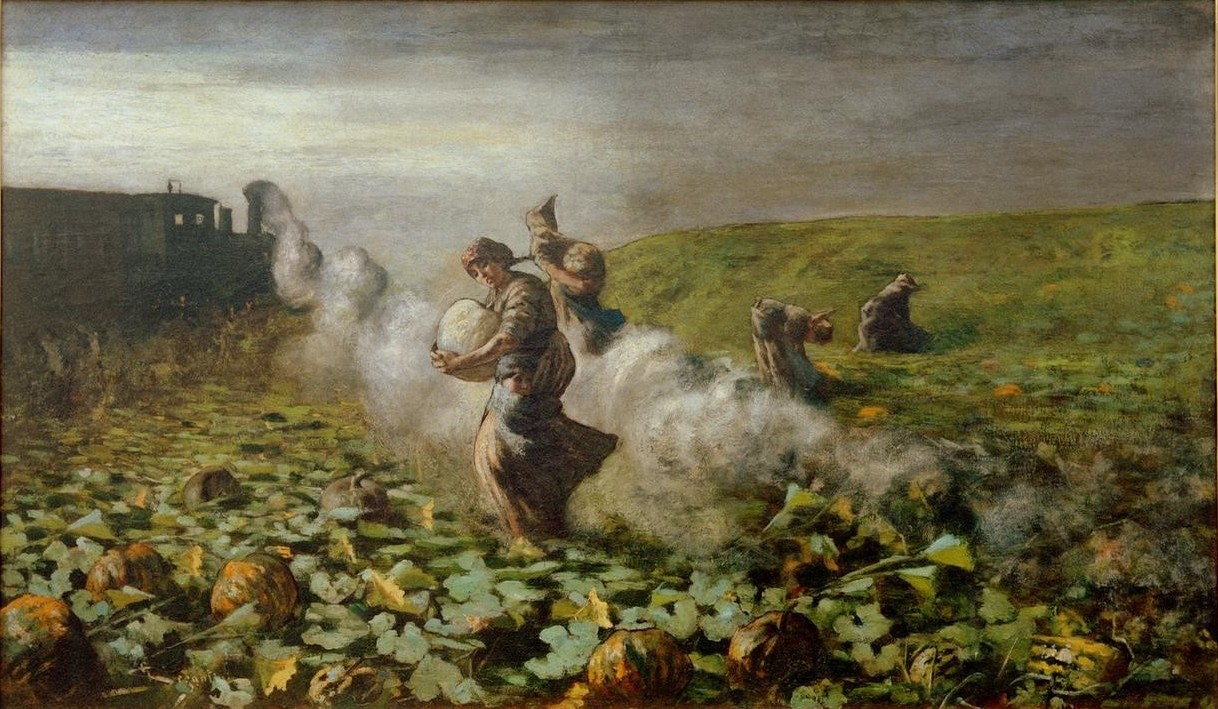 Giovanni Segantini, La raccolta delle zucche (Ackerbau,Arbeit,Eisenbahn,Ernte,Frau,Gemüse,Kunst,Lokomotive,Volkskunde,Bäuerin,Kürbis,Italienische Kunst,Rauch,Gemüseanbau,Naturalismus,Landbevölkerung,Landarbeit,Feldarbeit,Landwirtschaft)