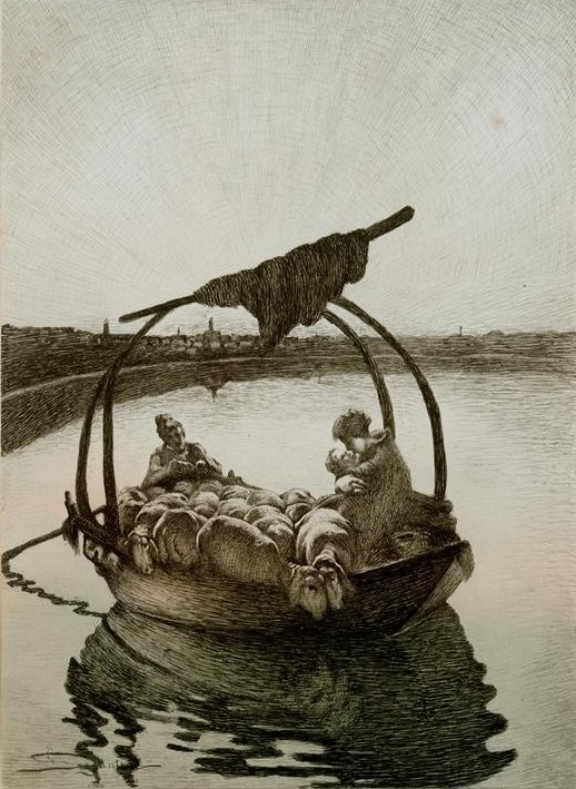 Giovanni Segantini, Ave Maria bei der Überfahrt (Ave Maria,Boot,Christentum,Familie,Gebet,Gewässer,Kunst,Mutter Und Kind,Religion,Ruderboot,Schafzucht,Sonnenuntergang,Transport,Volkskunde,Tageszeiten,Abend,Hirte,Symbolismus,Schaf,Genre,Italienische Kunst,Schweizerische Kunst,Landleben,Andacht,Dämmerung,)