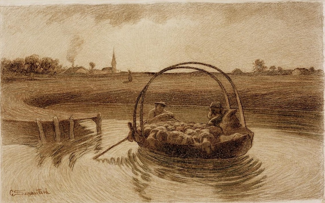 Giovanni Segantini, Ave Maria bei der Überfahrt (Ave Maria,Boot,Christentum,Familie,Gebet,Gewässer,Kunst,Mutter Und Kind,Religion,Ruderboot,Schafzucht,Sonnenuntergang,Transport,Volkskunde,Tageszeiten,Abend,Hirte,Symbolismus,Schaf,Genre,Italienische Kunst,Schweizerische Kunst,Landleben,Andacht,Dämmerung,)