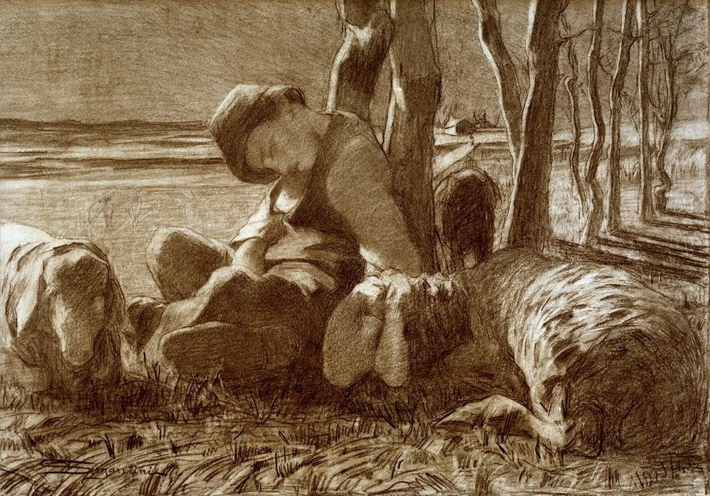 Giovanni Segantini, Pastore addormentato (Dorfkind,Kind,Kunst,Schafzucht,Volkskunde,Hirte,Schaf,Italienische Kunst,Schweizerische Kunst,Knabe,Schneidersitz,Schlafen (Schlaf),Mensch Und Tier,Schäfer)