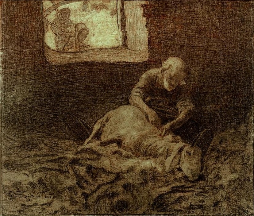 Giovanni Segantini, Il reddito del pastore (Kunst,Mann,Schafzucht,Volkskunde,Hirte,Wolle,Schaf,Schafschur,Genre,Italienische Kunst,Schweizerische Kunst,Landleben,Dorfleben,Scheren,Mensch Und Tier,Landwirtschaft,Schäfer)