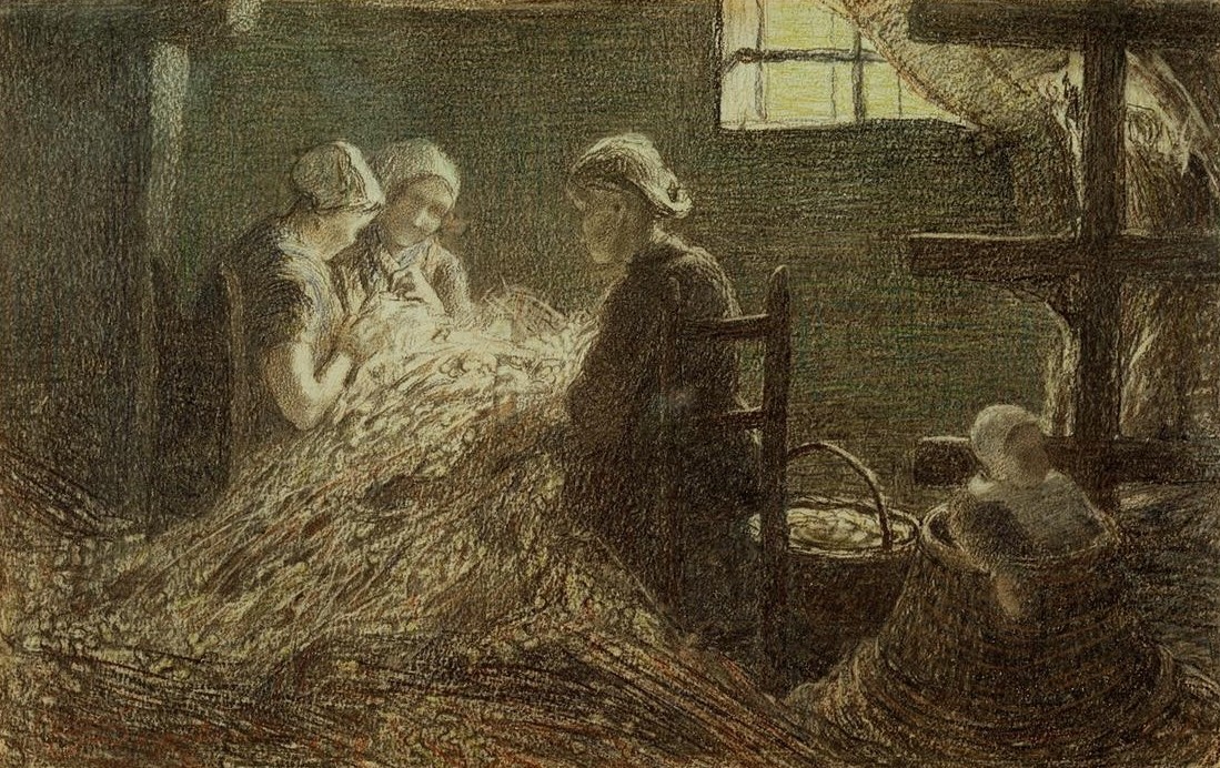 Giovanni Segantini, La raccolta dei bozzoli (Fabrik Und Manufaktur,Frau,Kunst,Seidenraupe,Textil,Volkskunde,Technik,Seide,Genre,Italienische Kunst,Schweizerische Kunst,Frauenleben,Frauenarbeit,Textilindustrie,Landbevölkerung,Laufstall,Seidenraupenzucht)