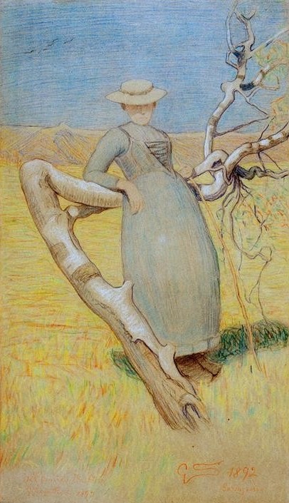 Giovanni Segantini, Mezzogiorno sulle Alpi (Frau,Jugendstil,Kunst,Mensch,Volkskunde,Portrait,Strohhut,Italienische Kunst,Schweizerische Kunst,Landbevölkerung,Junge Frau,Divisionismus,Ganzfigurig,Dorfbewohner)