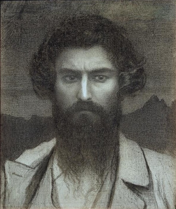Giovanni Segantini, Autoritratto (Selbtportrait, Gesicht, Bart, Persönlichkeiten, Grafik, Portrait, Naturalistisch,  Realismus, klassische Moderne, Wunschgröße, Wohnzimmer, schwarz/weiß)