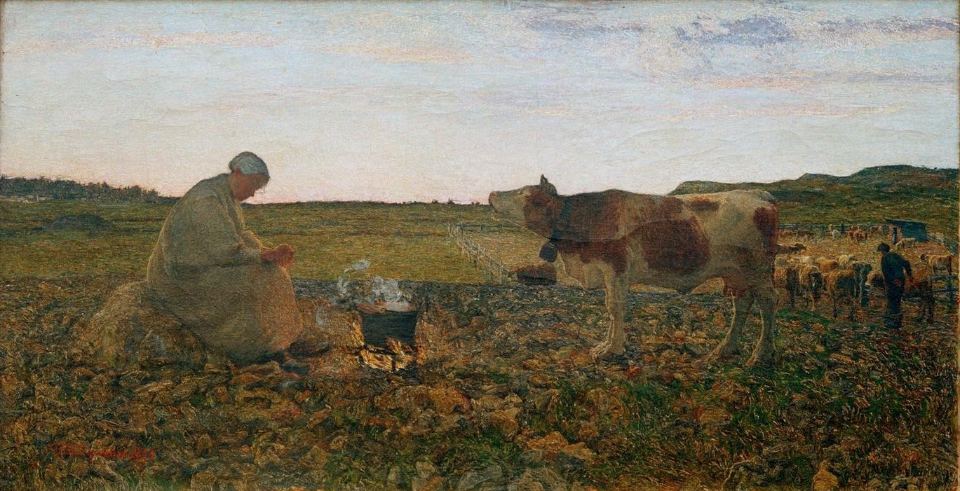 Giovanni Segantini, L’ora mesta (Frau, Landleben, Magd, Kuhhirtin, Rinder, Weide, Abend, Melancholie,  Lagerfeuer, Diisionismus, klassische Moderne, Wunschgröße, Wohnzimmer, Malerei)