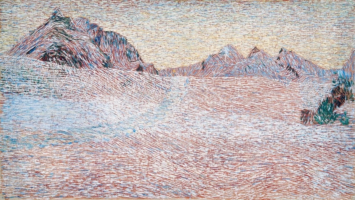Giovanni Segantini, Paesaggio alpino (Gebirge, Winter, Schnee, Eis, Gebirgspfad, Divisionismus, Landschaft, Malerei,  klassische Moderne, Wunschgröße, Wohnzimmer)