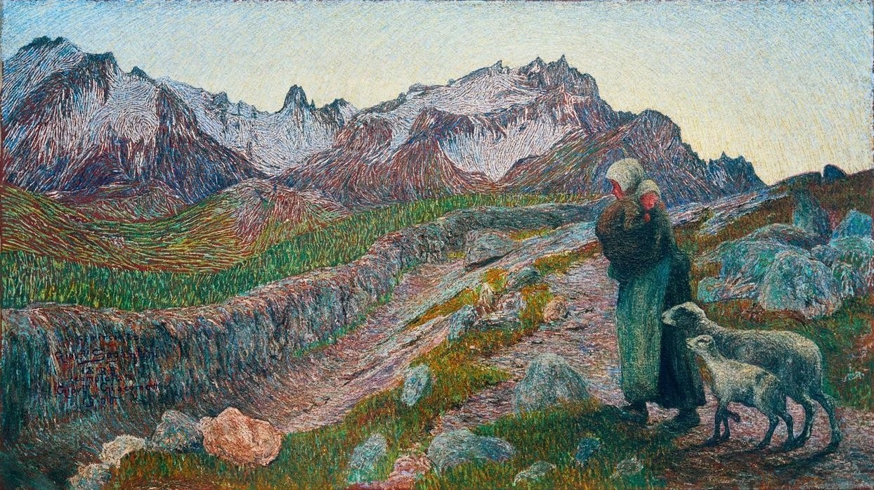 Giovanni Segantini, Le due madri (Landschaft, Berge, Gebirgspfad, Mutter, Kind, Schaf, Lamm, Landleben, Bauern, Divisionismus, Malerei,  klassische Moderne, Wunschgröße, Wohnzimmer)