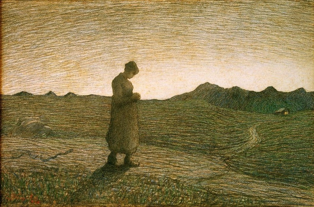 Giovanni Segantini, Ave Maria sui monti (Ave Maria, Gebet, Frau, Religion, Tageszeiten, Abend, Bäuerin, Frömmigkeit, Divisionismus, Malerei,  klassische Moderne, Wunschgröße, Wohnzimmer)