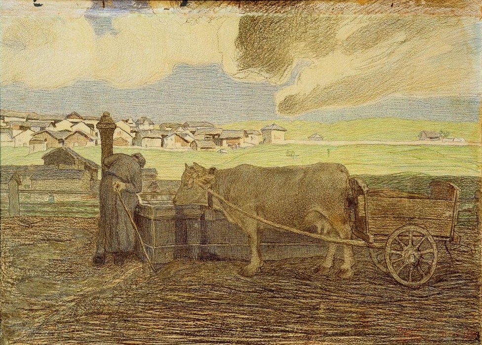 Giovanni Segantini, Vacca bianaca all’abbeveratoio (Landschaft, Dorf, Landleben, Ochsenkarren, Brunnen, Tränke, Kuh, Bäuerin, Genre, Divisionismus, Malerei,  klassische Moderne, Wunschgröße, Wohnzimmer)
