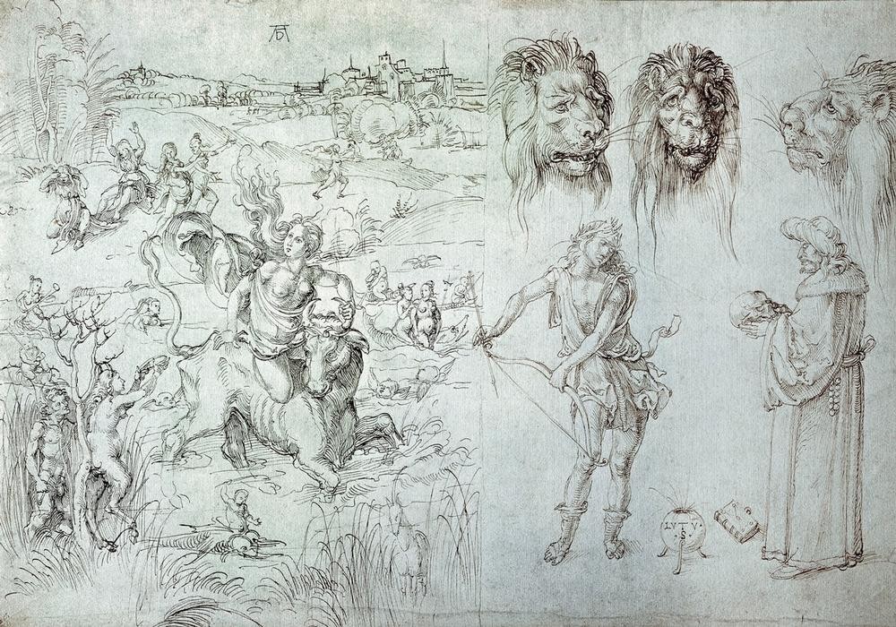 Albrecht Dürer, Raub der Europa (Anatomie,Deutsche Kunst,Militär,Mythologie,Renaissance,Schädel,Frauenraub,Vergewaltigung,Götterliebschaften,Sexualität,Tier,Bogenschütze,Stier (Tier),Griechisch-Römische Mythologie,Raub)