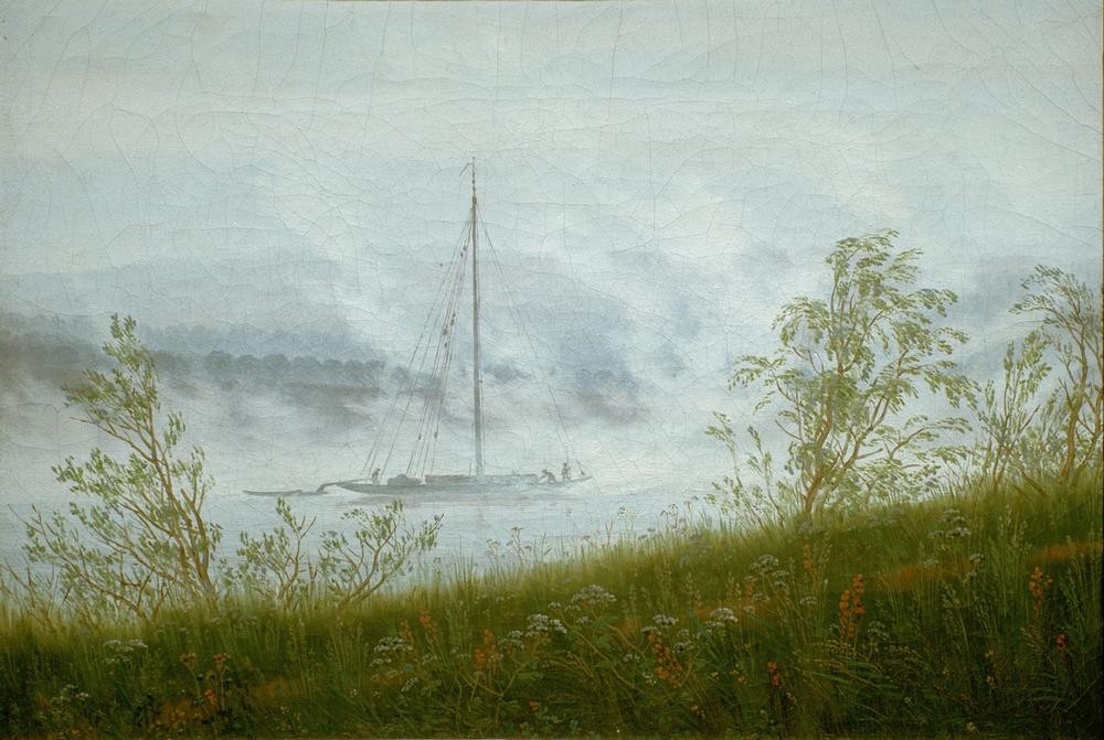 Caspar David Friedrich, Elbschiff im Frühnebel (Deutsche Kunst,Landschaft,Meteorologie,Tageszeiten,Morgen,Segelboot,Fluss,Nebel,Binnenschiffahrt,Romantik,Schifffahrt)