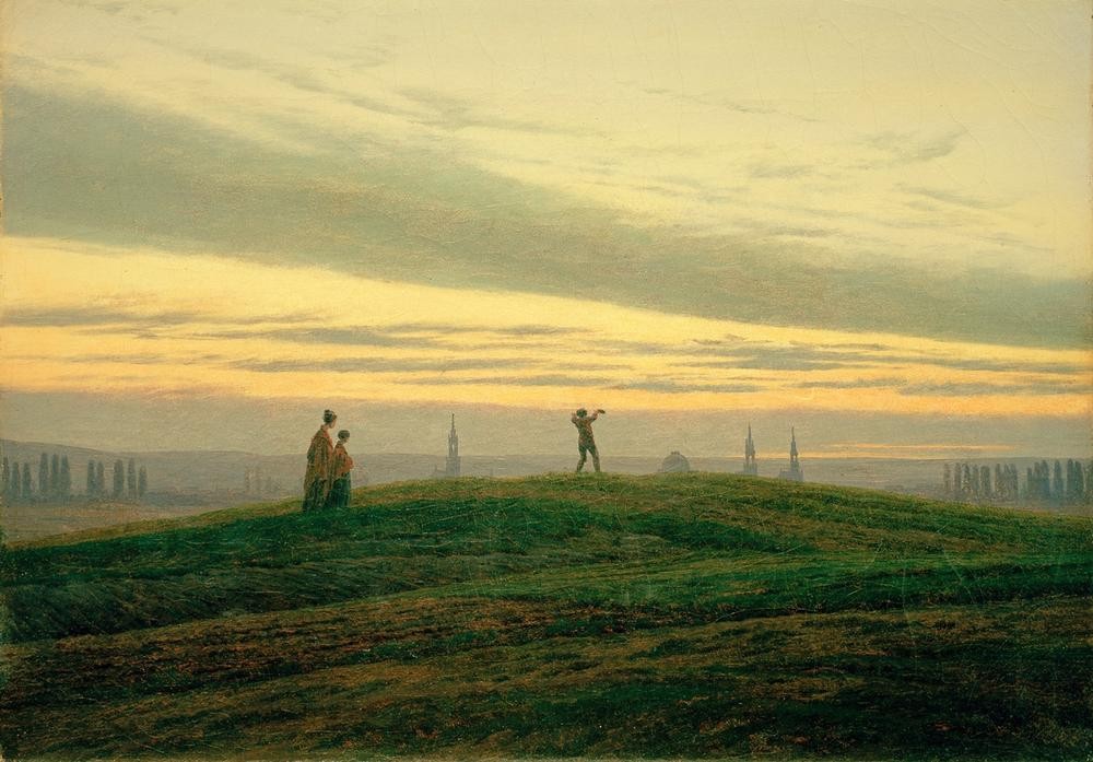 Caspar David Friedrich, Der Abendstern (Deutsche Kunst,Himmel (Natur),Kunst,Landschaft,Mensch,Sonnenuntergang,Spaziergang,Stadt,Tageszeiten,Abend,Rückenfigur,Hügel,Dämmerung,Betrachten,Stadt Und Land,Kirchturm,Romantik,Naturschauspiel,Abendrot)