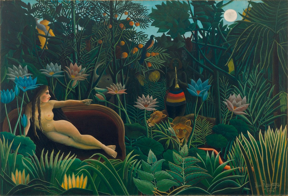Henri Rousseau, Le rêve (Botanik,Frau,Kunst,Löwe (Tier),Mond,Urwald,Vogel,Traum,Akt,Portrait,Tierliebe,Phantastische Kunst,Französische Kunst,Flötist,Exotik,Blume,Vollmond,Ureinwohner,Liegen,Naturverbundenheit,Naive Kunst,Flöte)