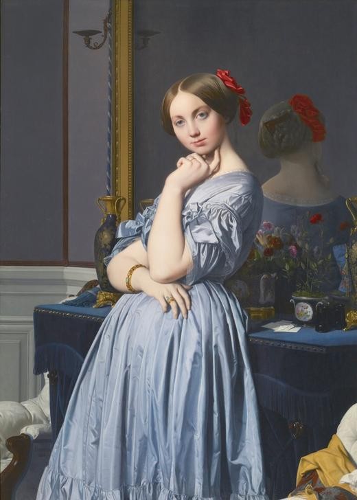 JEAN-AUGUSTE-DOMINIQUE INGRES, Comtesse d’Haussonville (Damenmode, junge Frau, Mädchen,  Portrait, Schriftstellerin, Spiegel, Adel, Spiegelbild, Eleganz, Malerei, Klassiker, Wohnzimmer, Treppenhaus, Klassizismus, Wunschgröße)