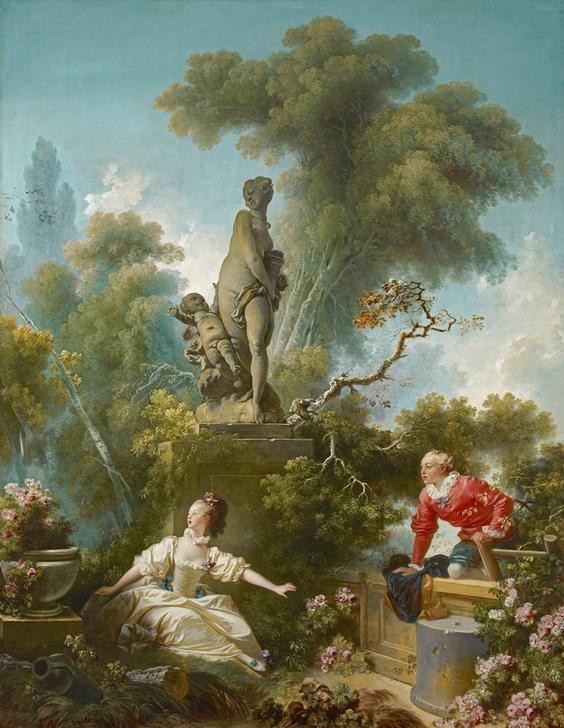 Jean-Honoré Fragonard, Le Progrès de l’amour: Le rendez-vous (Rendesz-Vous, Treffen, Liebespaar, heimlich, Garten, Park, überrascht, Statue, Venus, Amor, Treppenhaus, Wohnzimmer, Rokoko, Klassiker, Wunschgröße, Malerei, bunt)