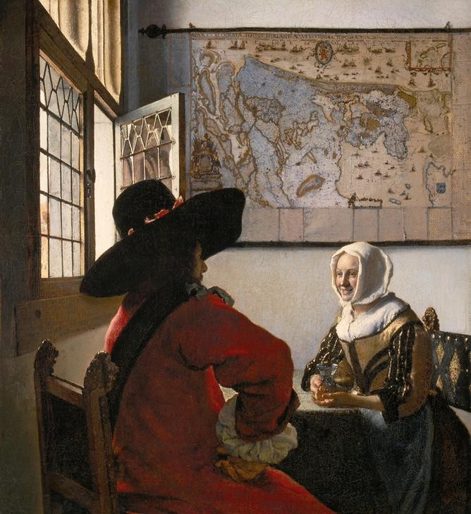 Jan Vermeer, Der Soldat und das lachende Mädchen (Fenster,Flirt,Frau,Gesellschaftliches Leben,Gesellschaft,Kunst,Liebe,Liebespaar,Mädchen,Mann,Militär,Soldat,Hut,Barock,Lachen,Haube,Genre,Niederländische Kunst,Lächeln,Glasfenster,Junge Frau,Geselliges Beisammensein,Fenster (Geöffnet),Landkarte,Unterhaltu)