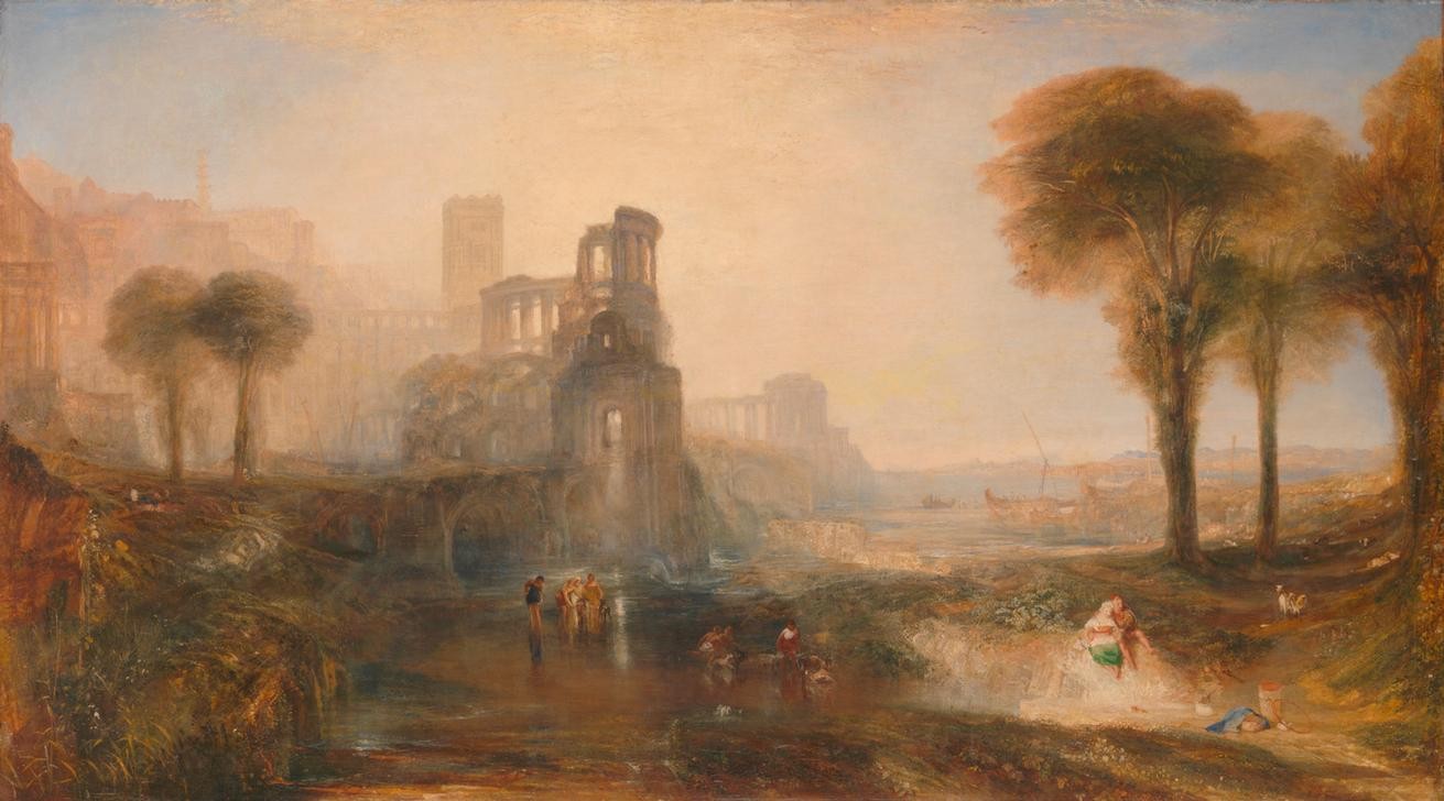 JOSEPH MALLORD WILLIAM TURNER, Caligula’s Palace and Bridge (Brücke,Kunst,Landschaft,Palast,Ruine,Baum,Architekturdarstellung,Englische Kunst,Bucht,Ruinenlandschaft,Romantik)