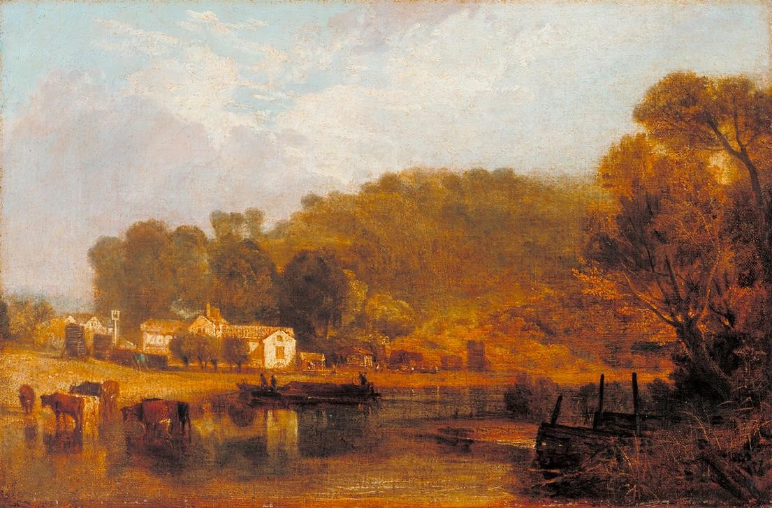 JOSEPH MALLORD WILLIAM TURNER, Cliveden on Thames (Boot,Dorf,Kunst,Landschaft,Rind,Fluss,Lastkahn,Tränke,Englische Kunst,Romantik)