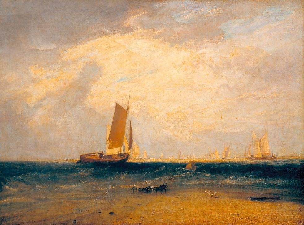 JOSEPH MALLORD WILLIAM TURNER, Fishing upon Blythe-Sand, Tide Setting in (Fischerei,Himmel (Natur),Kunst,Landschaft,Fischerboot,Meer,Segelboot,Marinemalerei,Englische Kunst,Sandbank,Romantik,Fischfang,Schifffahrt)