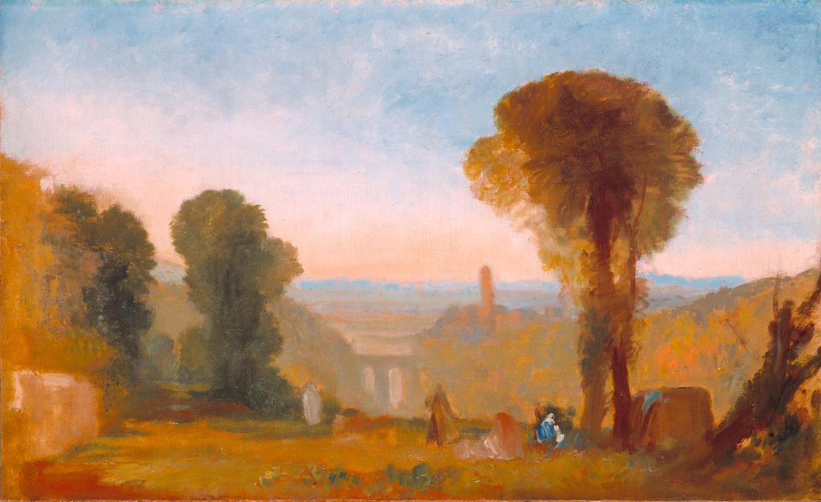 JOSEPH MALLORD WILLIAM TURNER, Italian Landscape with Bridge and Tower (Brücke,Kunst,Landschaft,Turm,Baum,Englische Kunst,Romantik)