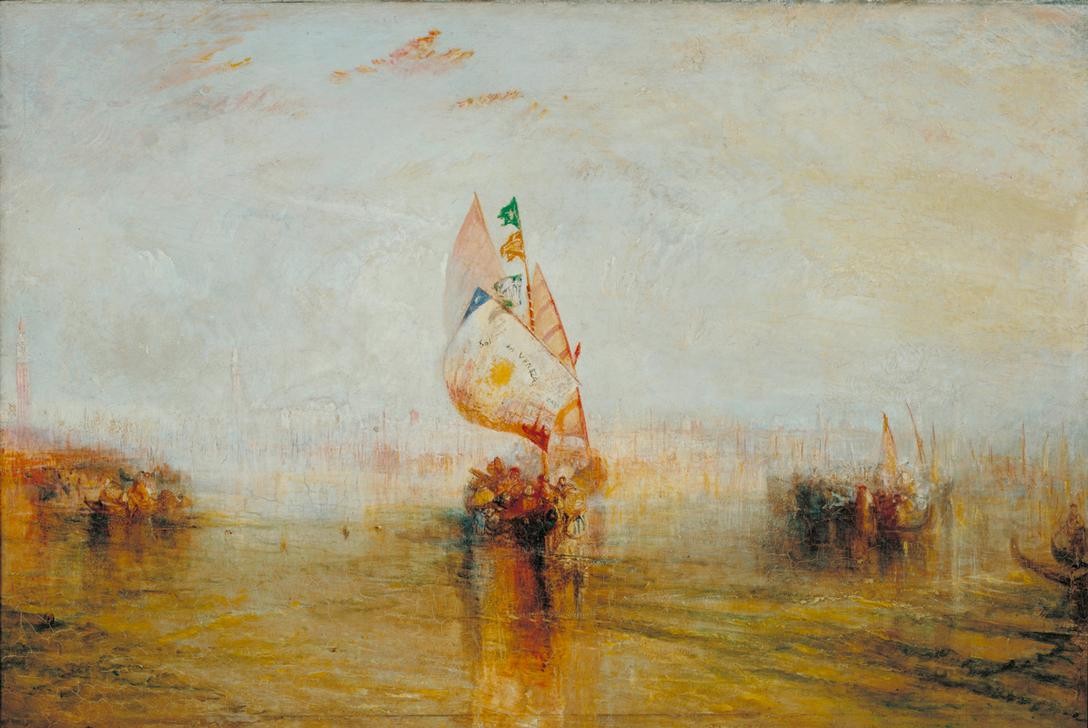 JOSEPH MALLORD WILLIAM TURNER, The Sun of Venice going to Sea (Kunst,Schiffstypen,Segelschiff,Stadt,Segelboot,Stadtansicht,Englische Kunst,Romantik,Sonne Von Venedig (Schiff),Silhouette (Umriss),Banner,Schifffahrt)