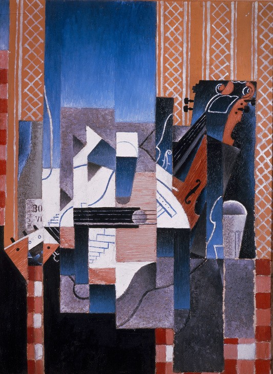 Juan Gris, Violon et guitare (Gitarre, Geige, Instrumente,  geometrische Muster, Streifen, Kubismus,  Klassische Moderne, Malerei, Wohnzimmer, Wunschgröße, bunt)