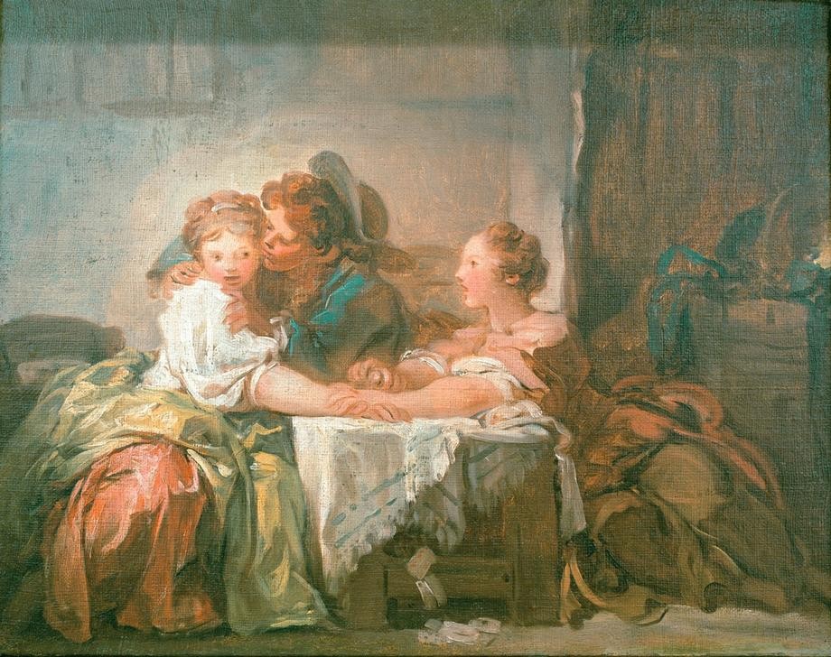 Jean-Honoré Fragonard, Der verspielte Einsatz oder Der geraubte Kuß (Erotik, Flirt, Spiel, Kartenspiel, Kuss, Nötigung, Abwehr, Freundinnen, Treppenhaus, Wohnzimmer, Rokoko, Klassiker, Wunschgröße, Malerei, bunt)