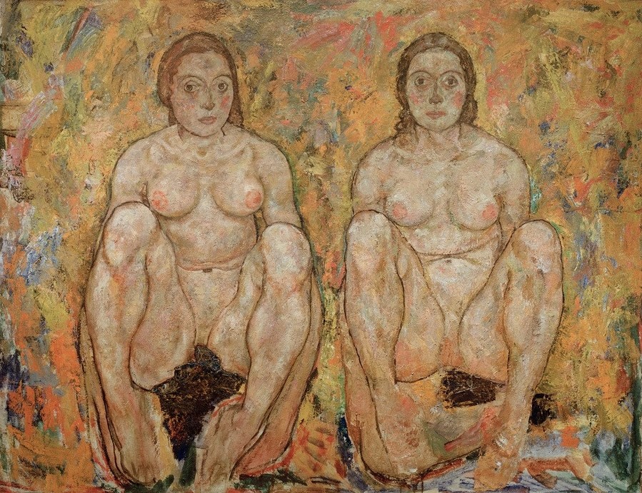 Egon Schiele, Hockendes Frauenpaar (Frau,Freundschaft (Allgemein),Akt,Expressionismus,Österreichische Kunst,Hocken,Doppelportrait)