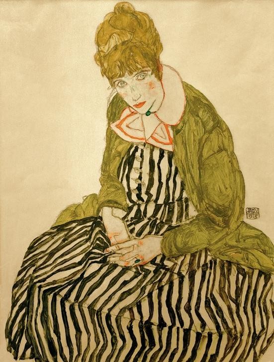 Egon Schiele, Edith Schiele in gestreiftem Kleid, , sitzend (Frau,Ehefrau Von Berühmten,Portrait,Expressionismus,Künstlerfrau,Österreichische Kunst,Muster,Streifen,Person)