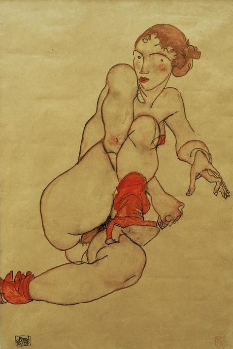 Egon Schiele, Akt mit hochgezogenem rechtem Bein (Erotik,Frau,Schuhe (Schuh),Akt,Expressionismus,Stiefel,Österreichische Kunst,Erotische Kunst,Damenschuh,Liegen)