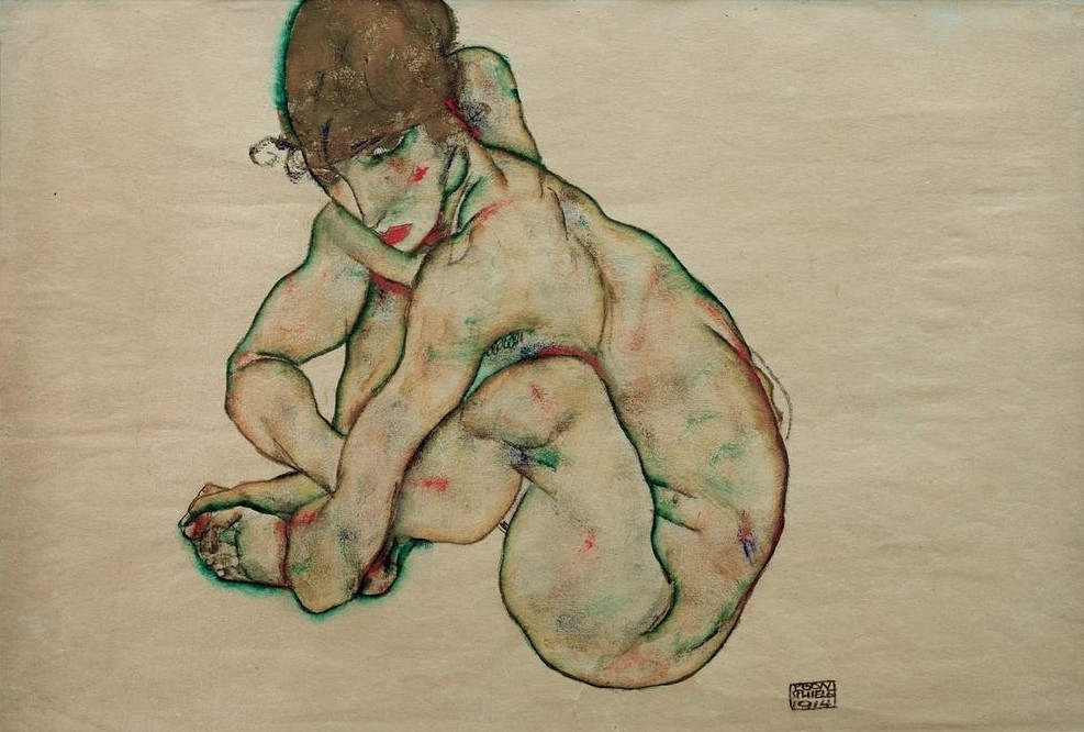 Egon Schiele, Kauernder Mädchenakt (Frau,Akt,Expressionismus,Österreichische Kunst,Hocken,Kauern)