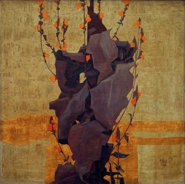 Egon Schiele, Stilisierte Blumen vor dekorativem Hintergrund (Jugendstil,Sezession,Stillleben,Wiener Sezession,Österreichische Kunst,Blume)