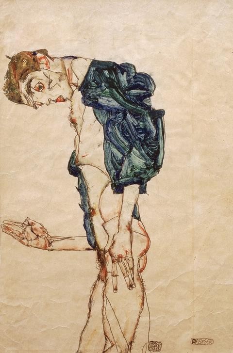 Egon Schiele, Prediger (Künstler,Maler (Künstler),Mann,Selbstbildnis,Akt,Gestik,Österreichische Kunst,Halbakt,Kniestück,Magerkeit)