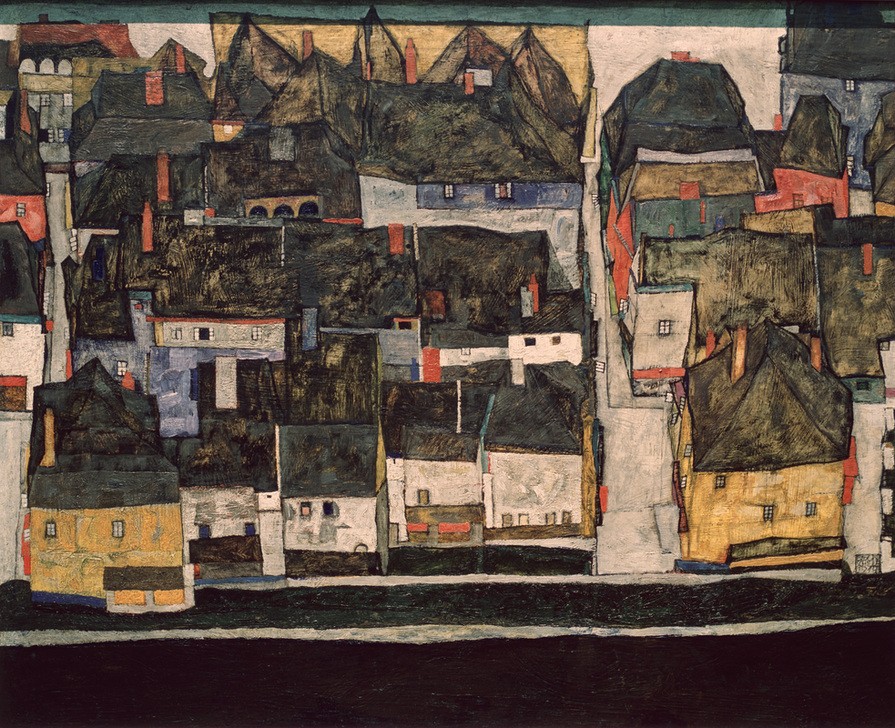 Egon Schiele, Krumau an der Moldau (Altstadt,Architektur,Kunst,Stadt,Teilansicht,Fluss,Kleinstadt,Expressionismus,Stadtansicht,Architekturdarstellung,Vogelschau,Österreichische Kunst,Dachlandschaft)